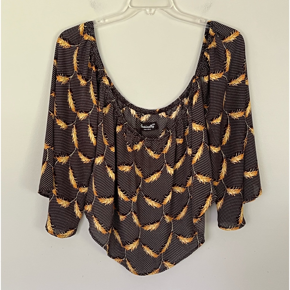Size Large Off Shoulder Wide Sleeve Polka Dot & Feather Design Women’s Crop Top